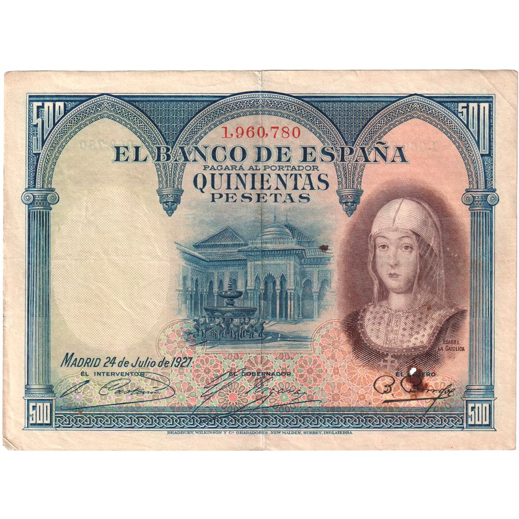 Hiszpania, 500 Pesetas, 1927-07-24, VF(30-35)