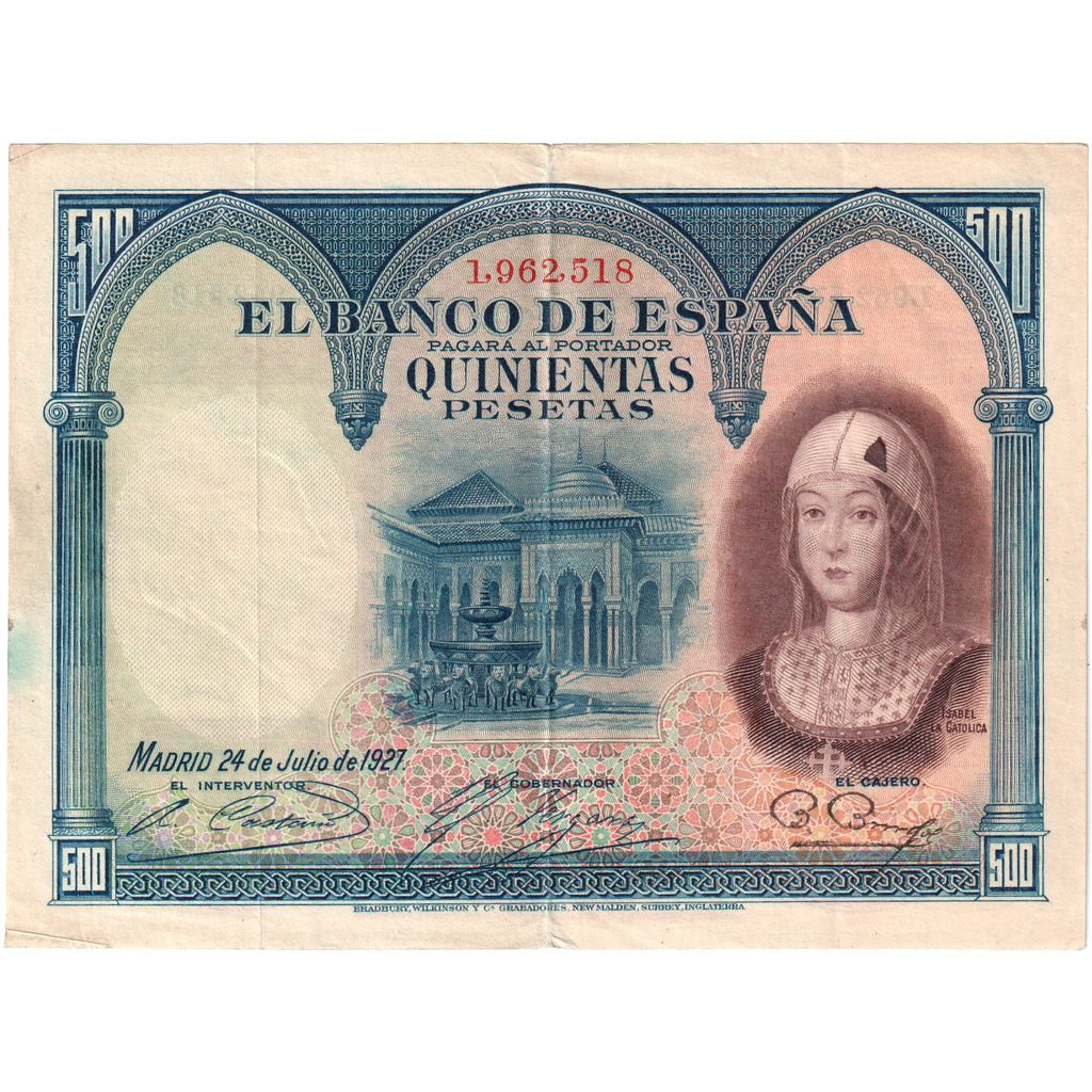 Espagne, 500 Pesetas, 1927-07-24, TTB
