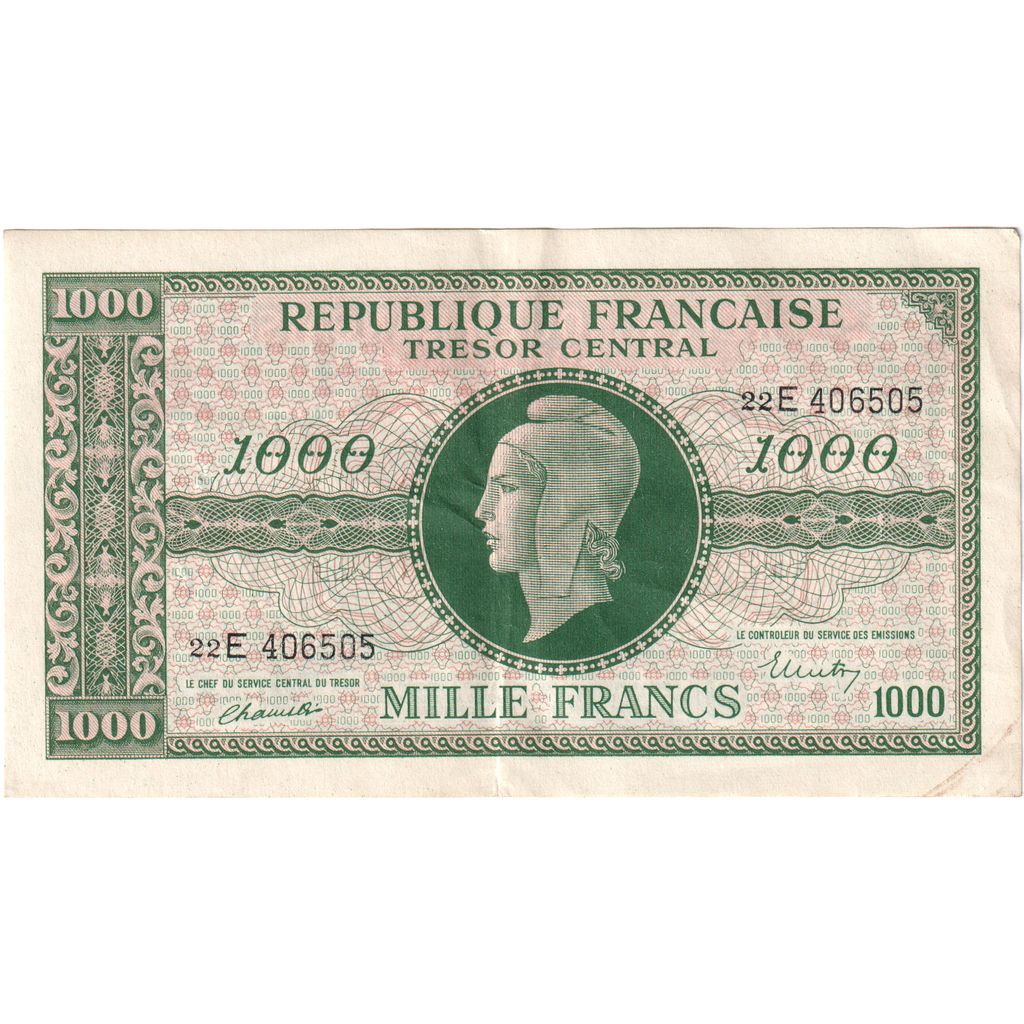 França, 1000 Francs, Marianne, Undated (1945), 22E, AU(50-53)