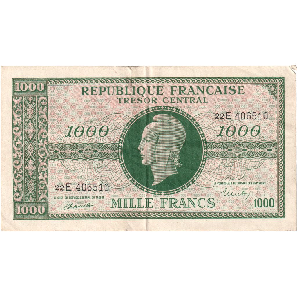 França, 1000 Francs, Marianne, Undated (1945), 22E, EF(40-45)