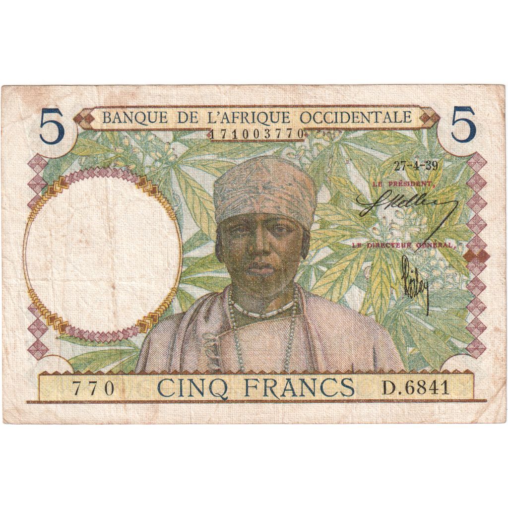 Frans West Afrika, 5 Francs, 1939-04-27, TB+