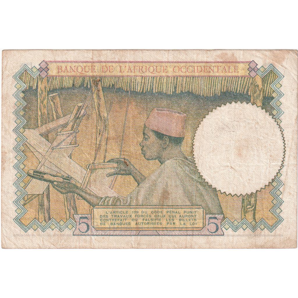 Frans West Afrika, 5 Francs, 1939-04-27, TB+
