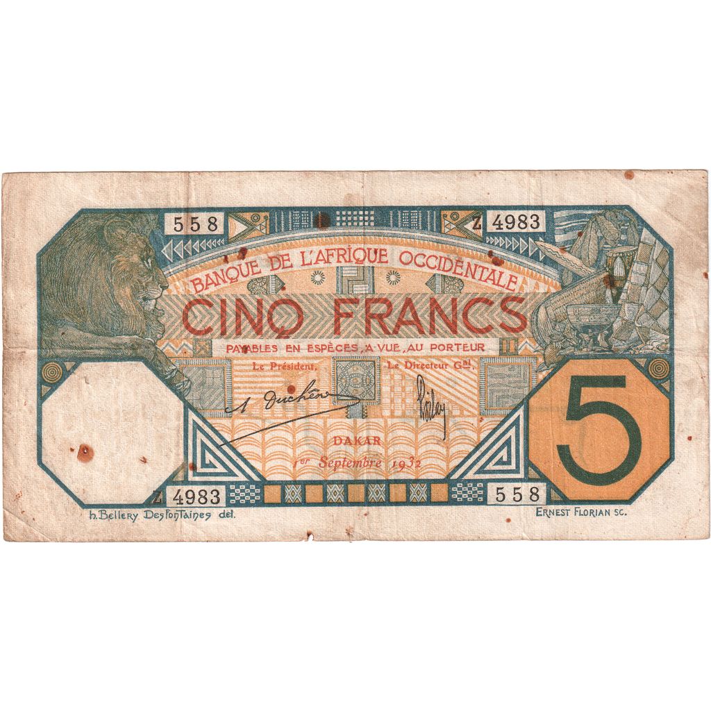 África oriental francesa, 5 Francs, 1932-09-01, BC+