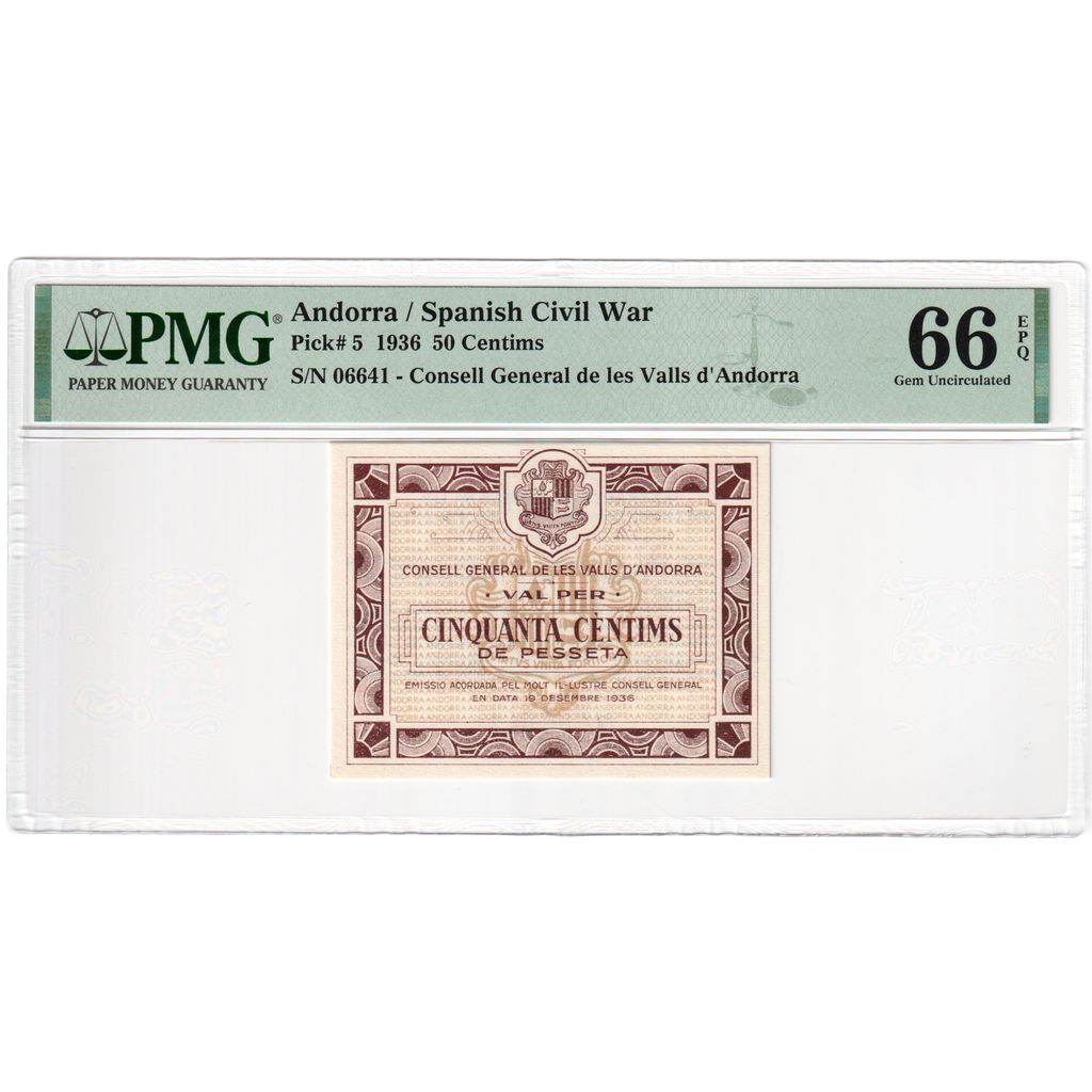 Andorra, 50 Centims, 1936-12-19, UNC 66 EPQ, PMG