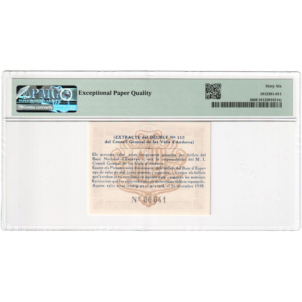 Andorra, 50 Centims, 1936-12-19, UNC 66 EPQ, PMG