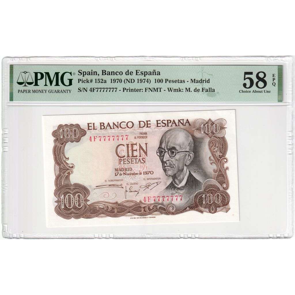 Espagne, 100 Pesetas, 1970-11-17, AU 58 EPQ, PMG