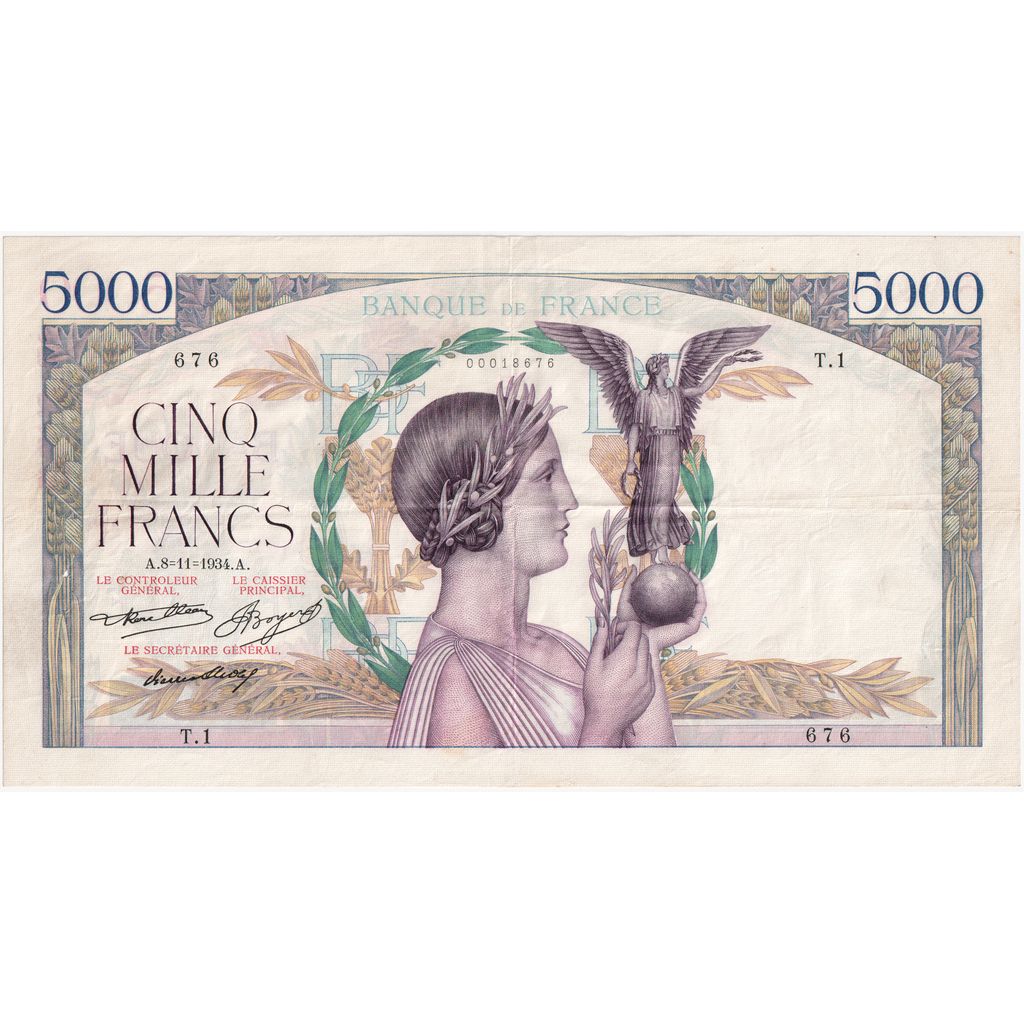 França, 5000 Francs, Victoire, 1934-11-08, T.1, AU(50-53)