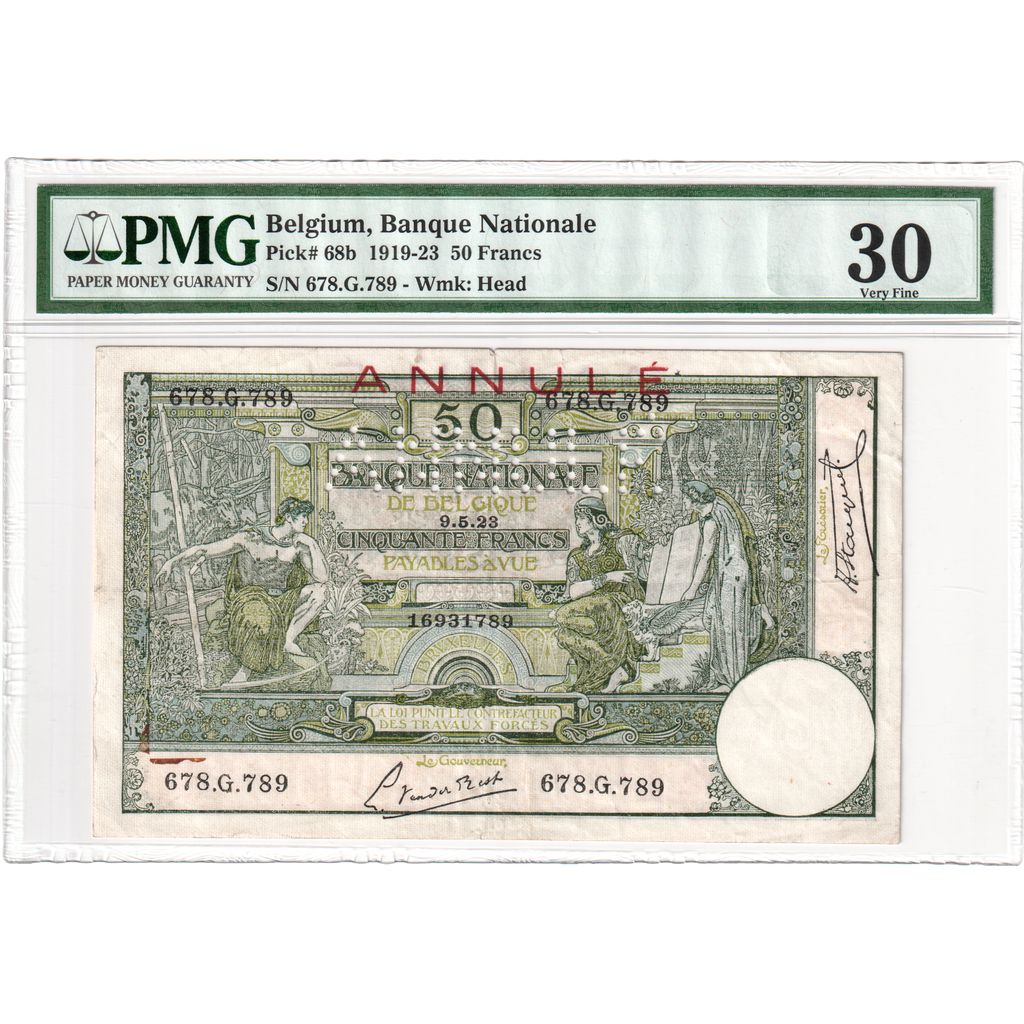 Belgia, 50 Francs, 1923-05-09, cancelled, VF 30, PMG