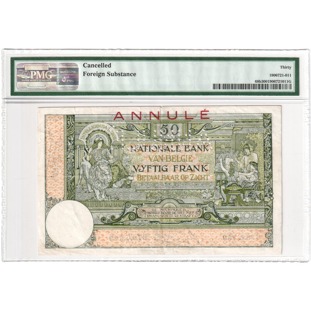 Belgia, 50 Francs, 1923-05-09, cancelled, VF 30, PMG