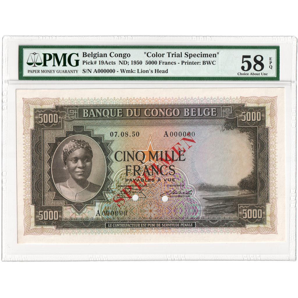 Congo belga, 5000 Francs, 1950-08-07, Specimen Trial Color, AU 58 EPQ, PMG