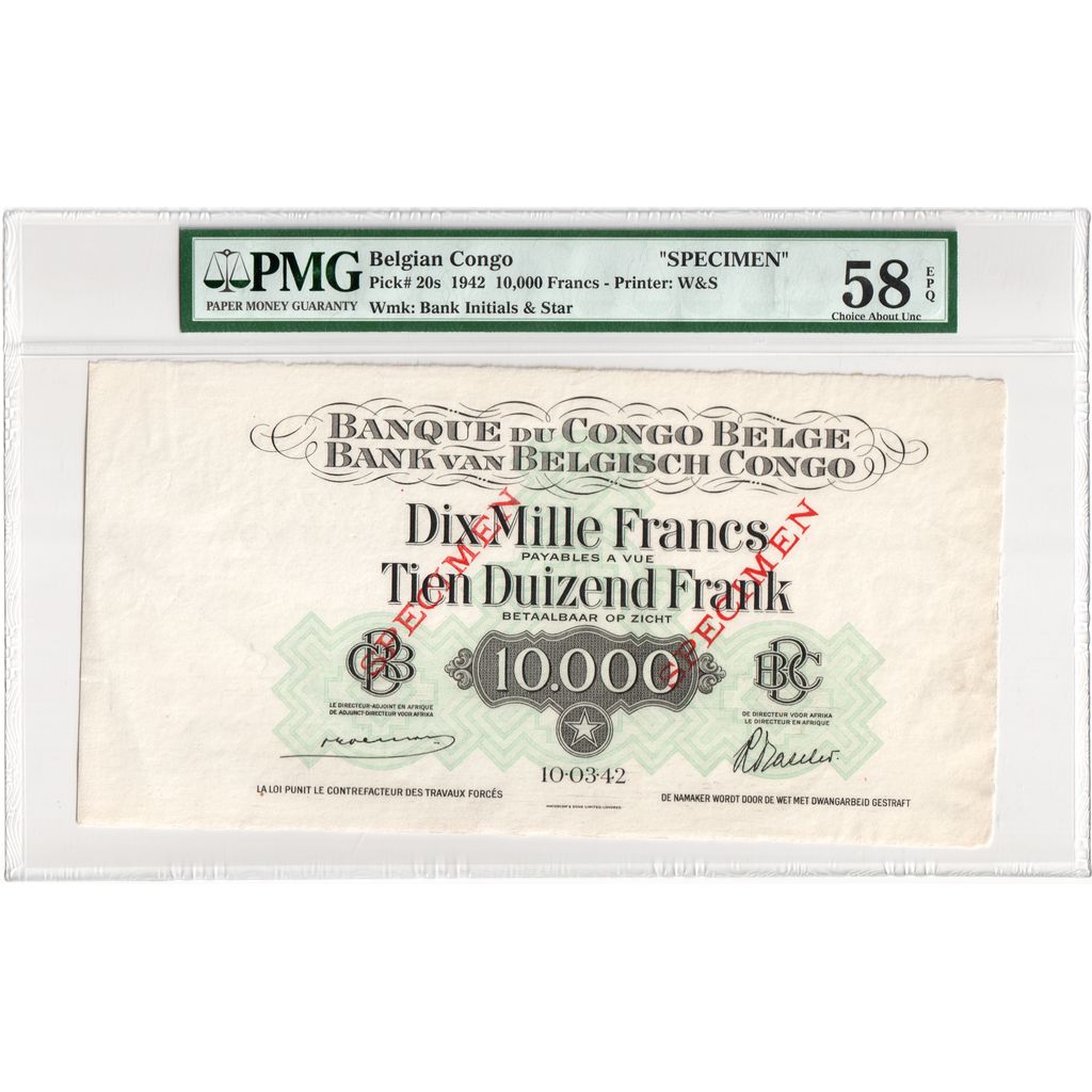 Congo belga, 10000 Francs, 1942-03-10, Specimen, AU 58 EPQ, PMG