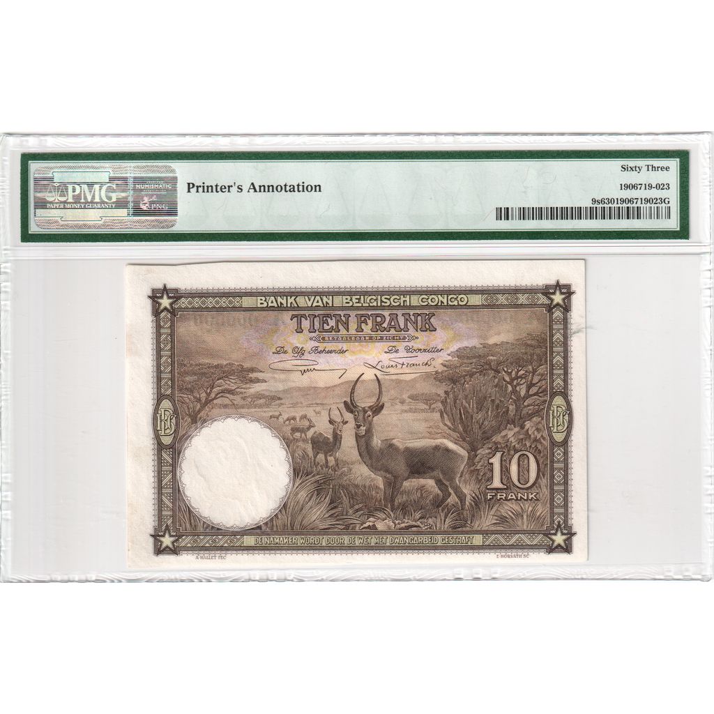 Belgisch Congo, 10 Francs, 1937-09-10, Specimen, UNC 63, PMG