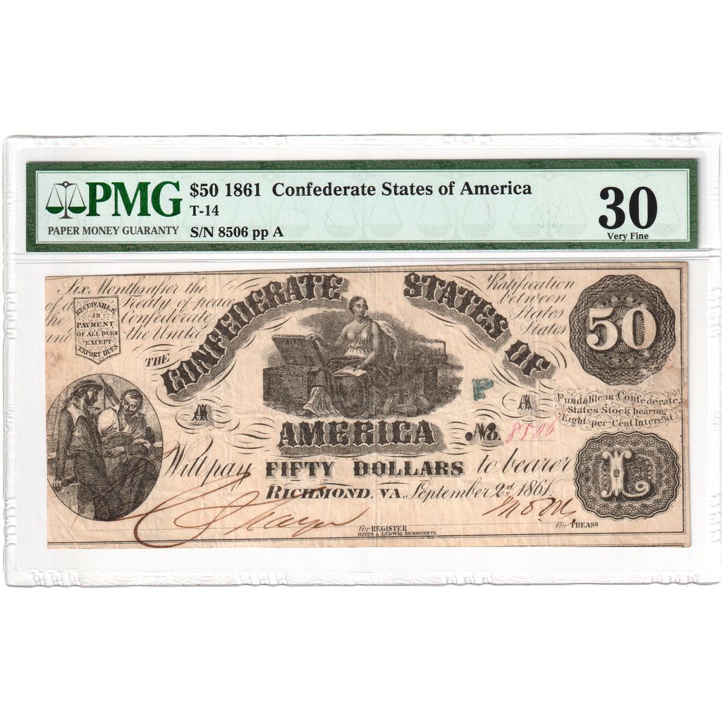 Confederate States of America, 50 Dollars, 1861-09-02, VF 30, PMG