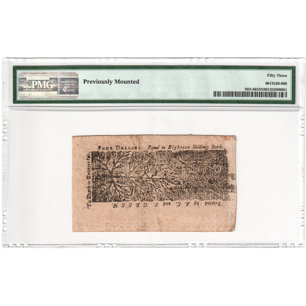 United States, Maryland, 4 Dollars,1774-04-10, AU53 NET, PMG