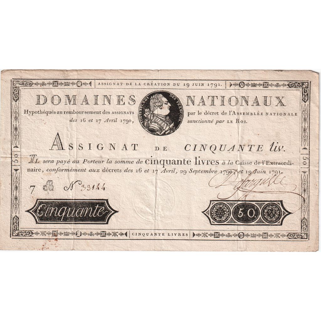 France, 50 Livres, 1791-06-19, 7B, TTB