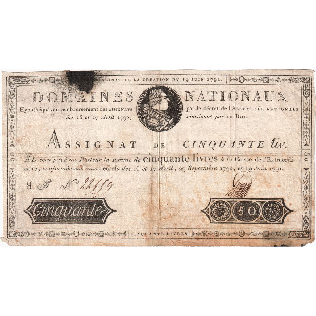 Francja, 50 Livres, 1791-06-19, 8F, VF(20-25)