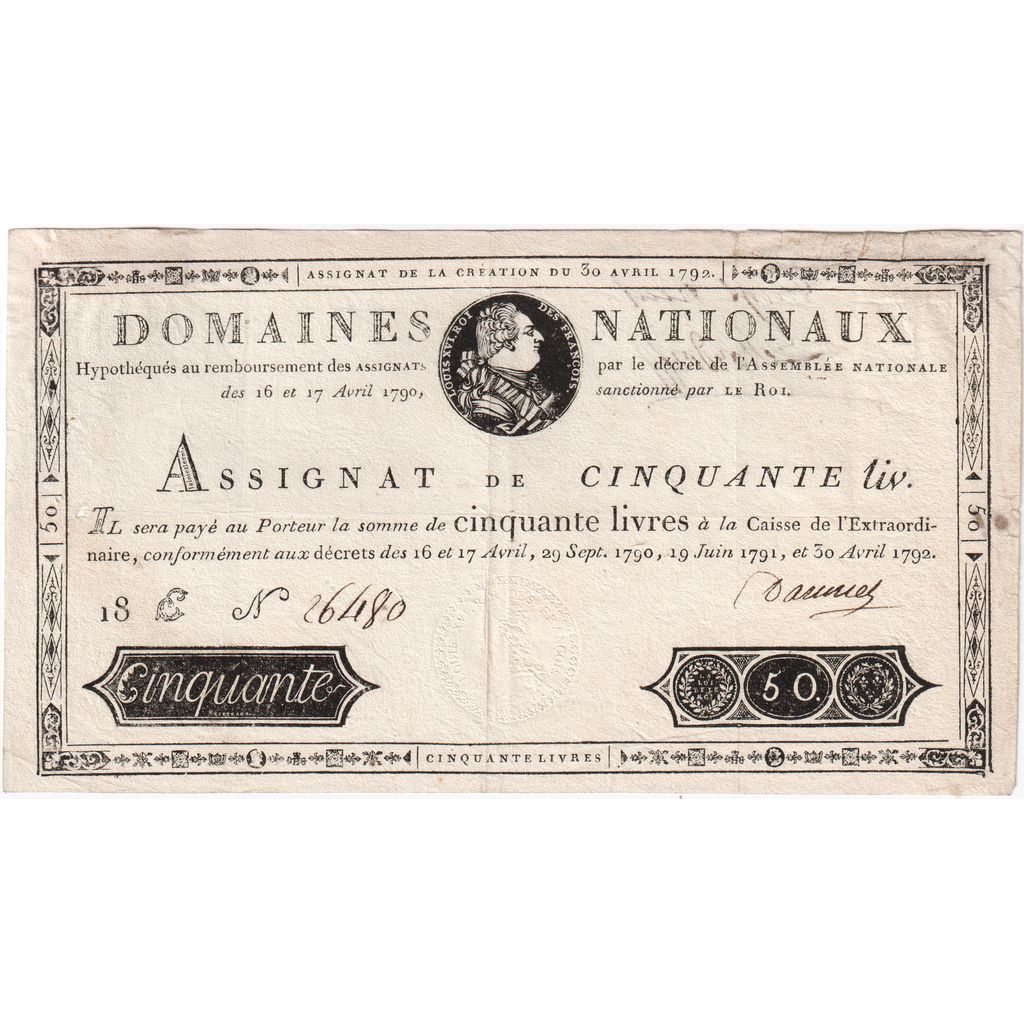 France, 50 Livres, 1792-04-30, 18E, TTB