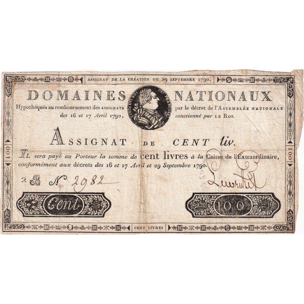 France, 100 Livres, 1790-09-29, 2B, VF(20-25)