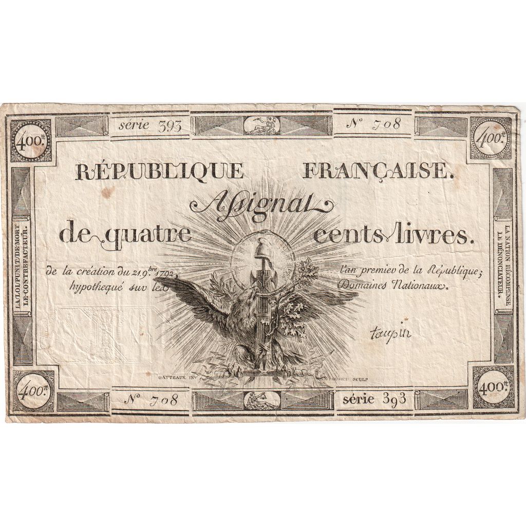 França, 400 Livres, 1792-11-21, 393, VF(20-25)