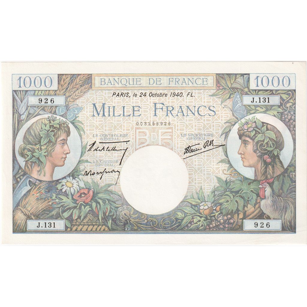 Francja, 1000 Francs, Commerce et Industrie, 1940-10-24, J.131, UNC(65-70)