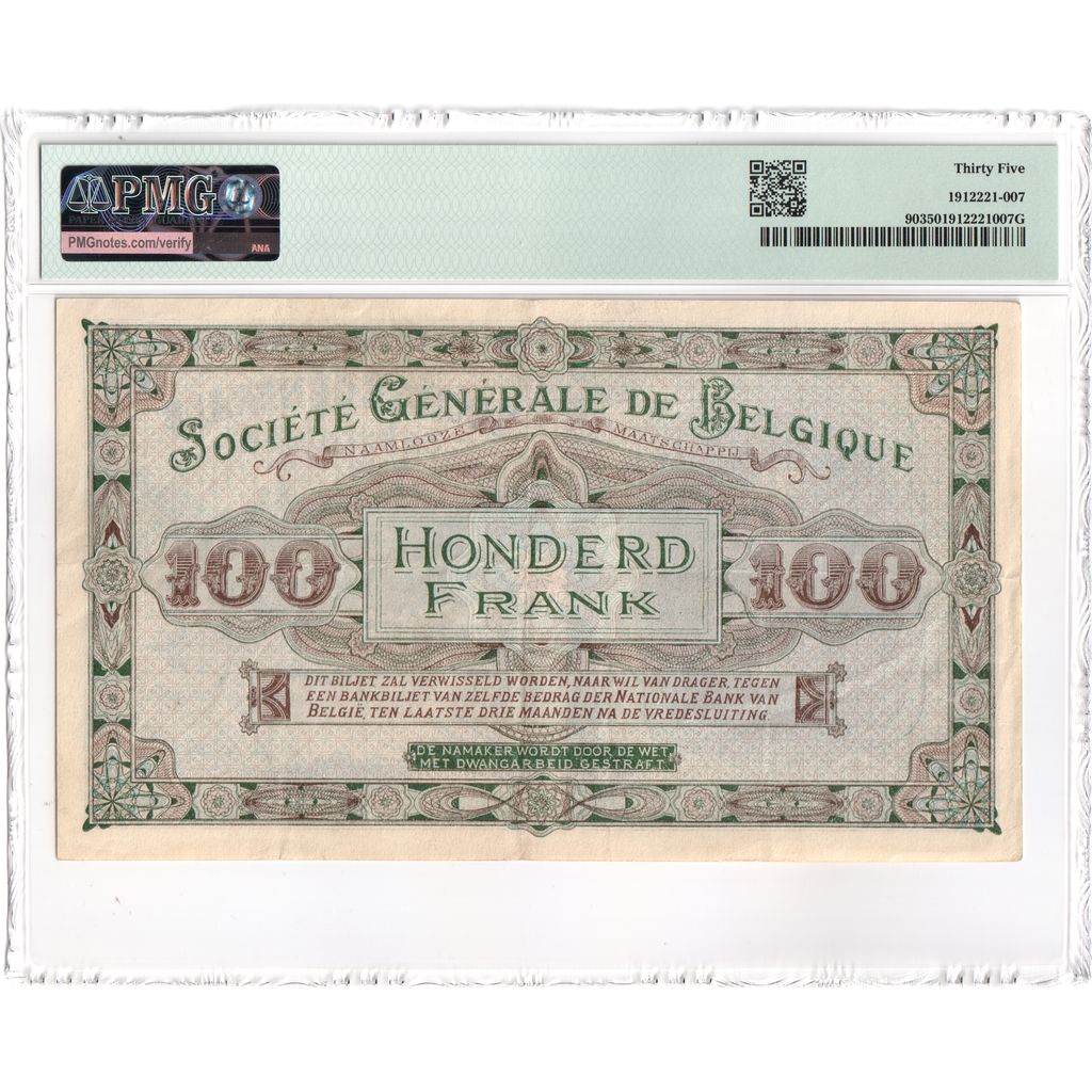 Belgio, 100 Francs, 1915-05-07, German occupation, VF 35, PMG