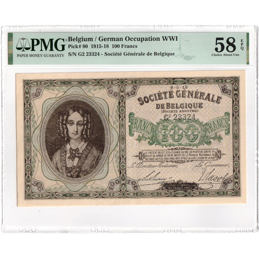 Belgio, 100 Francs, 1915-05-08, German occupation, AU 58 EPQ, PMG