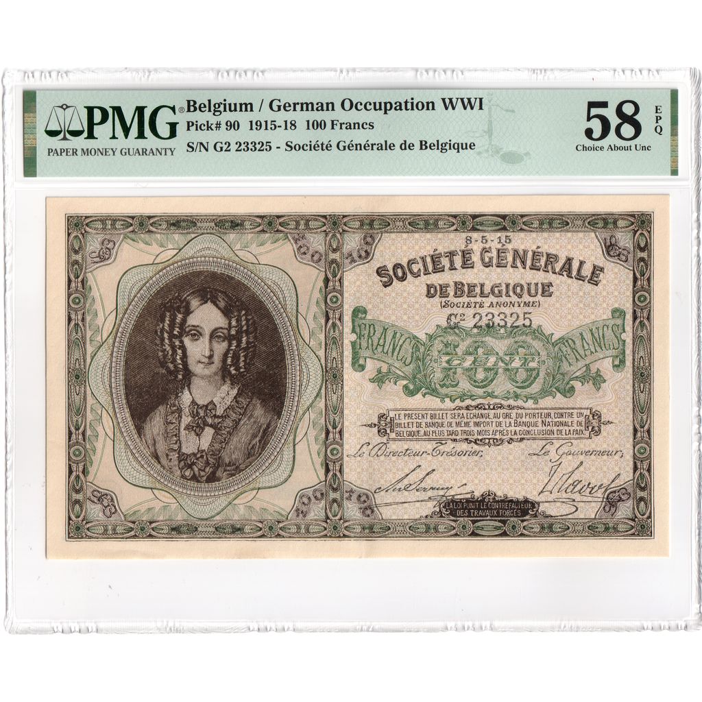 Belgique, 100 Francs, 1915-05-08, Occupation allemande, consécutifs,AU58EPQ, PMG