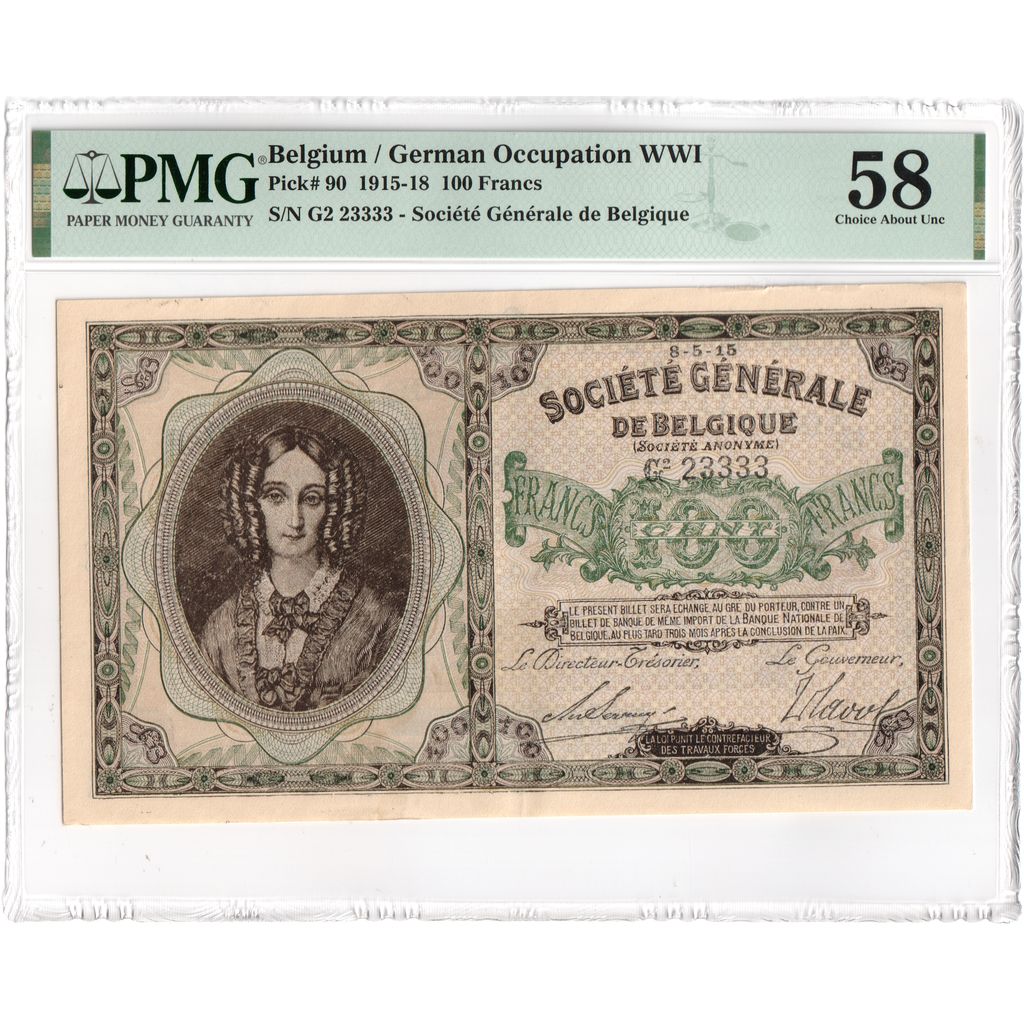Belgio, 100 Francs, 1915-05-08, German occupation, AU 58, PMG