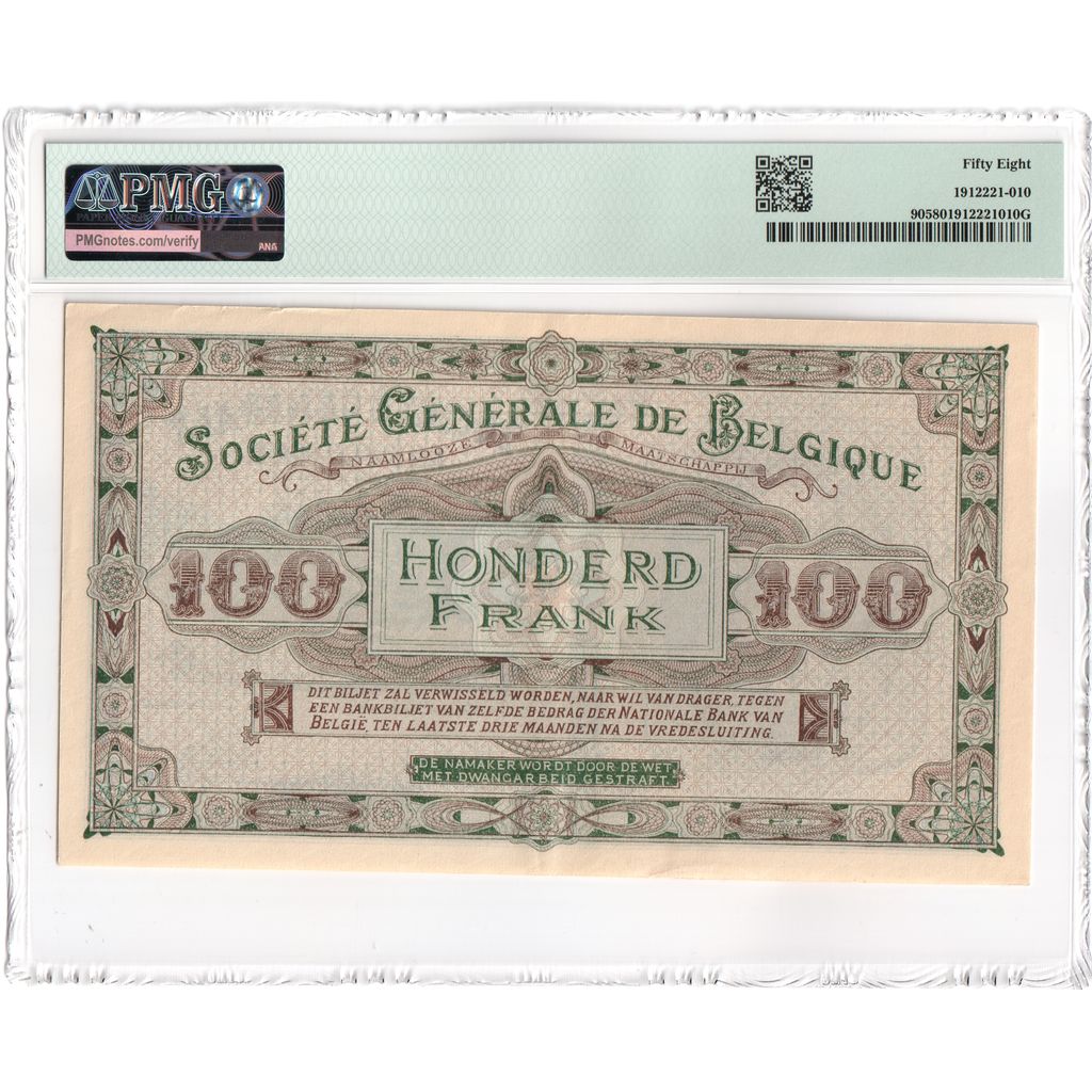 Belgio, 100 Francs, 1915-05-08, German occupation, AU 58, PMG