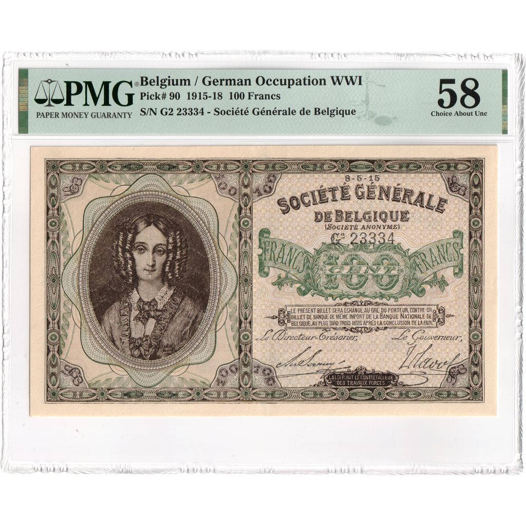 Belgio, 100 Francs, 1915-05-08, German occupation, AU 58, PMG