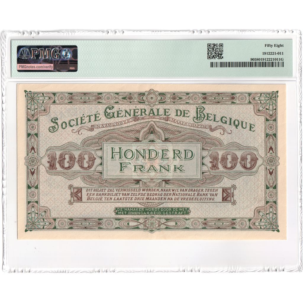 Belgio, 100 Francs, 1915-05-08, German occupation, AU 58, PMG