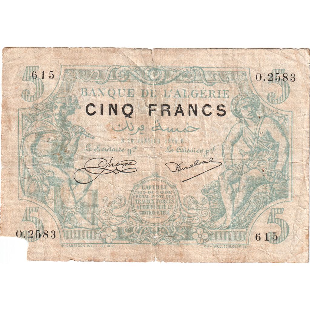 Argélia, 5 Francs, 1924-01-10, F(12-15)
