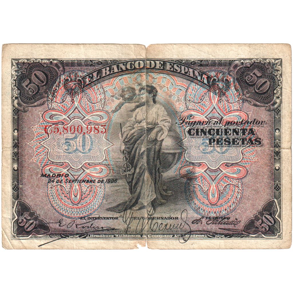 Espanha, 50 Pesetas, 1906-09-24, VF(20-25)