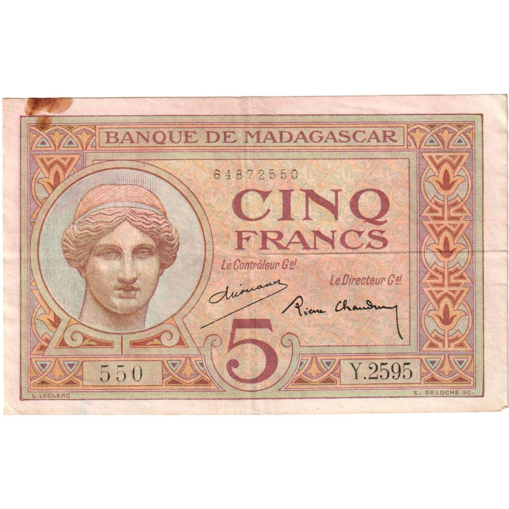 Madagascar, 5 Francs, ND(1937-1947), AU(50-53)