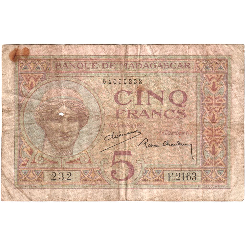 Madagascar, 5 Francs, ND(1937-1947), F(12-15)