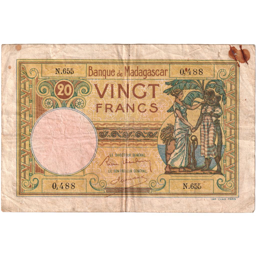 Madagascar, 20 Francs, ND(1937-1947), VF(20-25)
