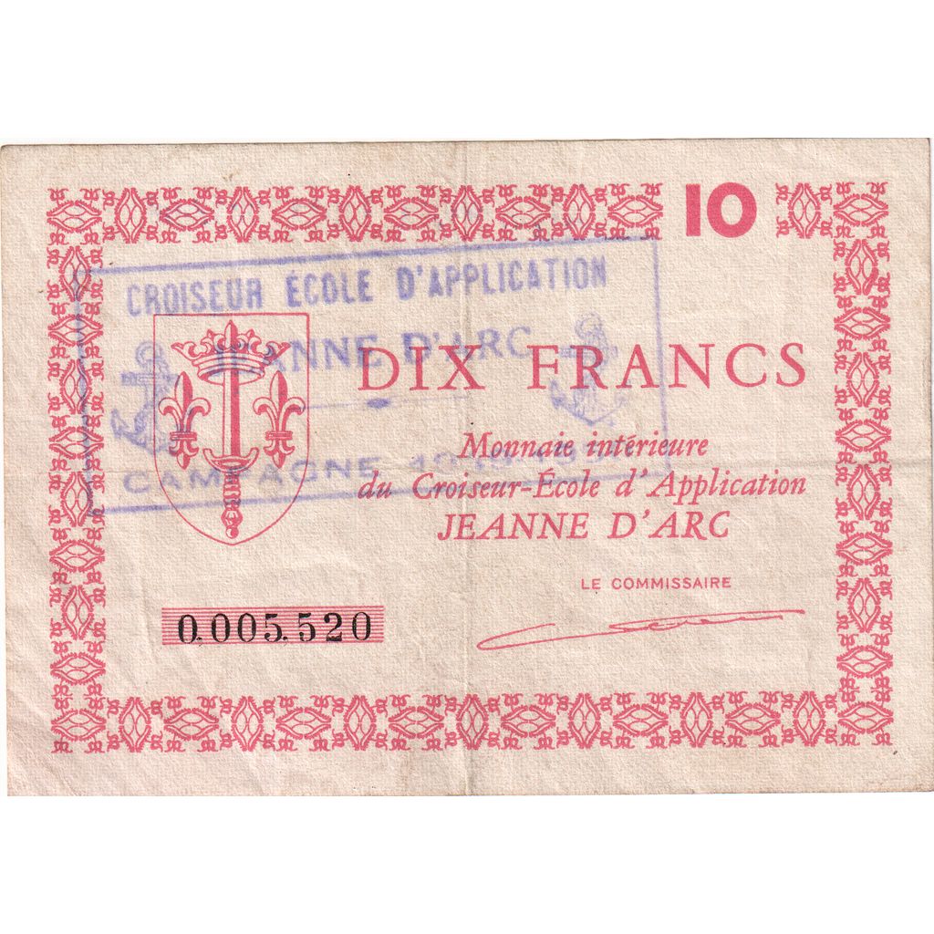 Francia, 10 Francs, Croiseur-École d'Application Jeanne d'Arc, 1947, MBC