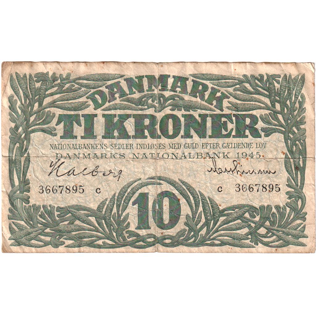 Denmark, 10 Kroner, 1945, VF(20-25)