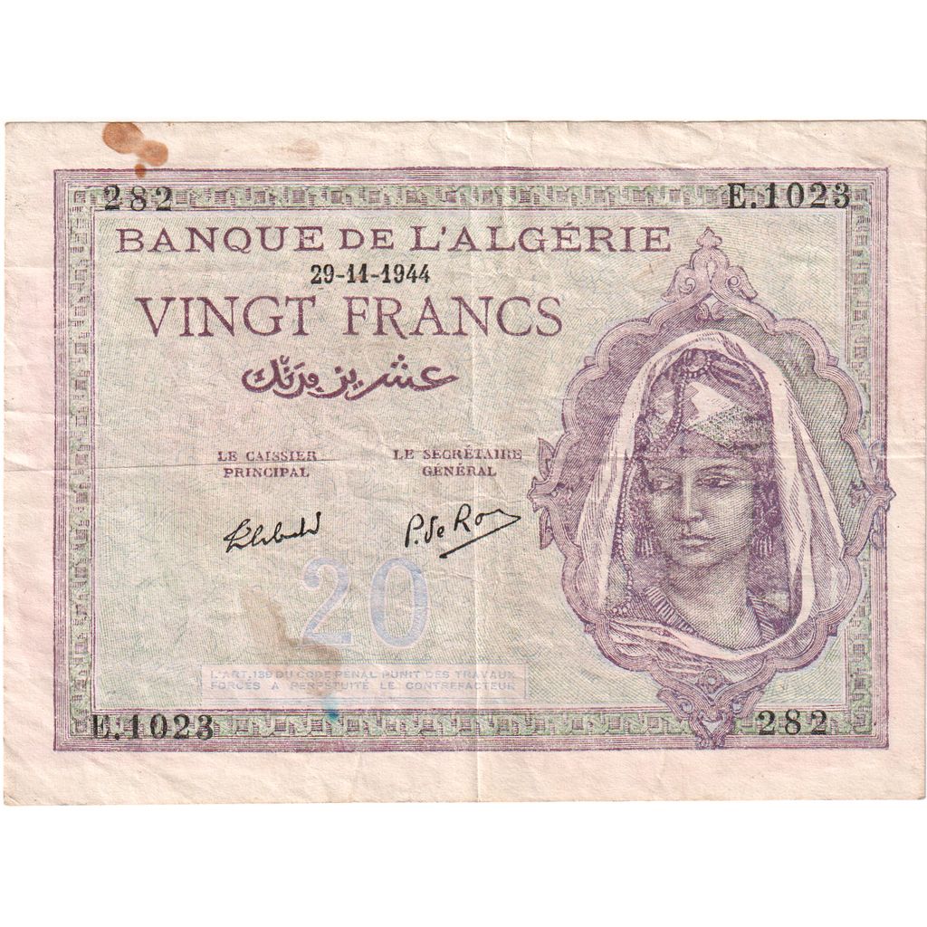 Algieria, 20 Francs, 1944-11-29, EF(40-45)