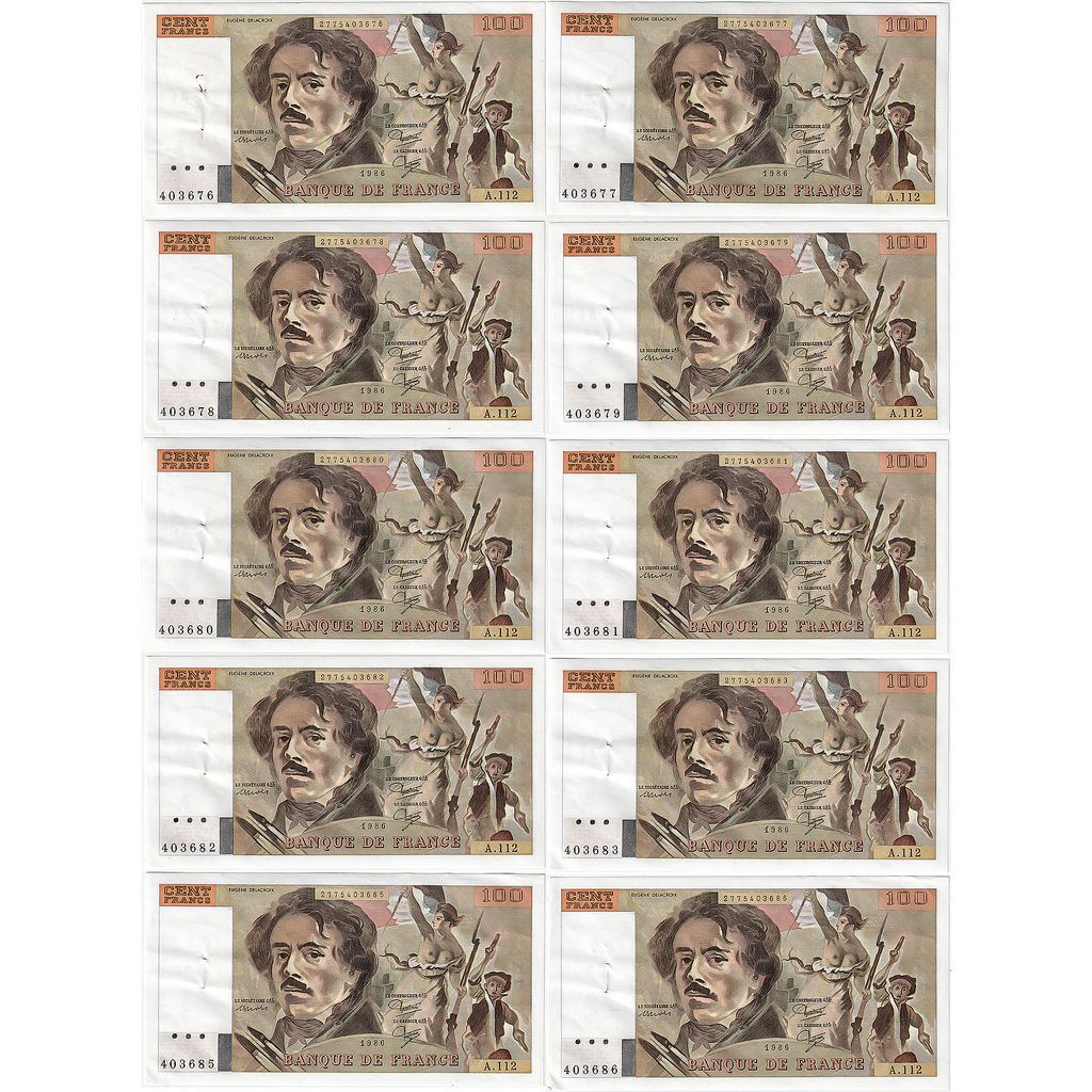 Francja, 10x100 Francs, Delacroix, 1986, A.112, Consecutive Numbers, AU(55-58)