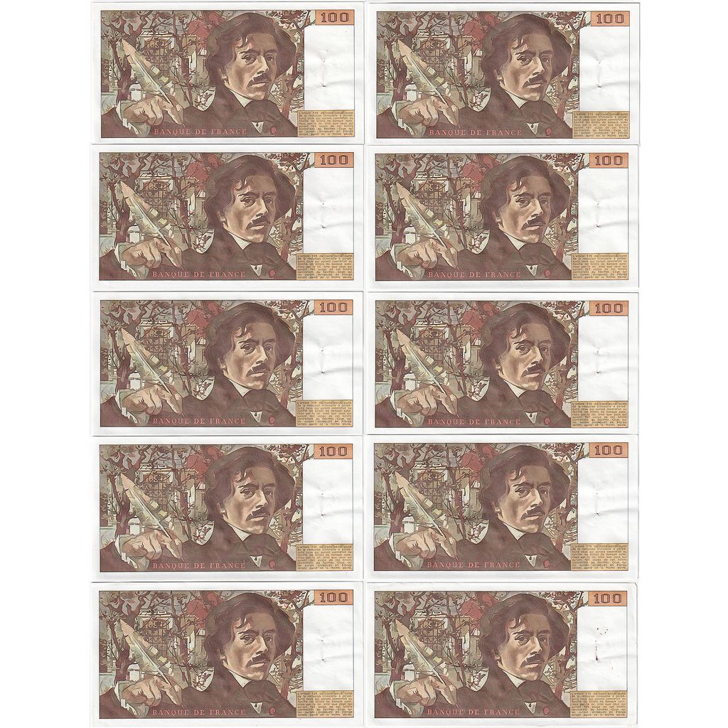 Francja, 10x100 Francs, Delacroix, 1986, A.112, Consecutive Numbers, AU(55-58)