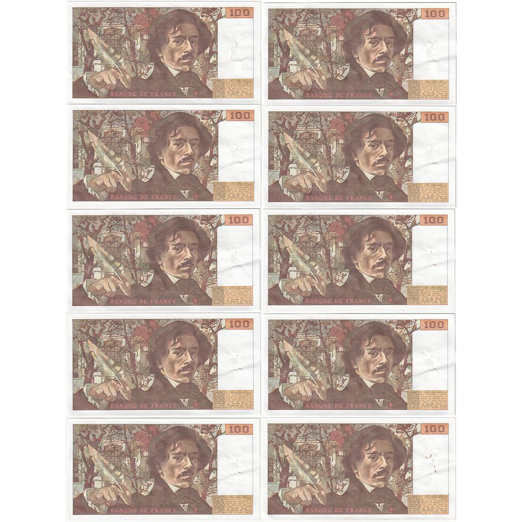 France, 10x100 Francs, Delacroix, 1986, A.112, Nombres consécutifs, SUP