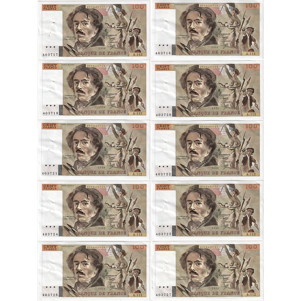 France, 10x100 Francs, Delacroix, 1986, A.112, Nombres consécutifs, SUP