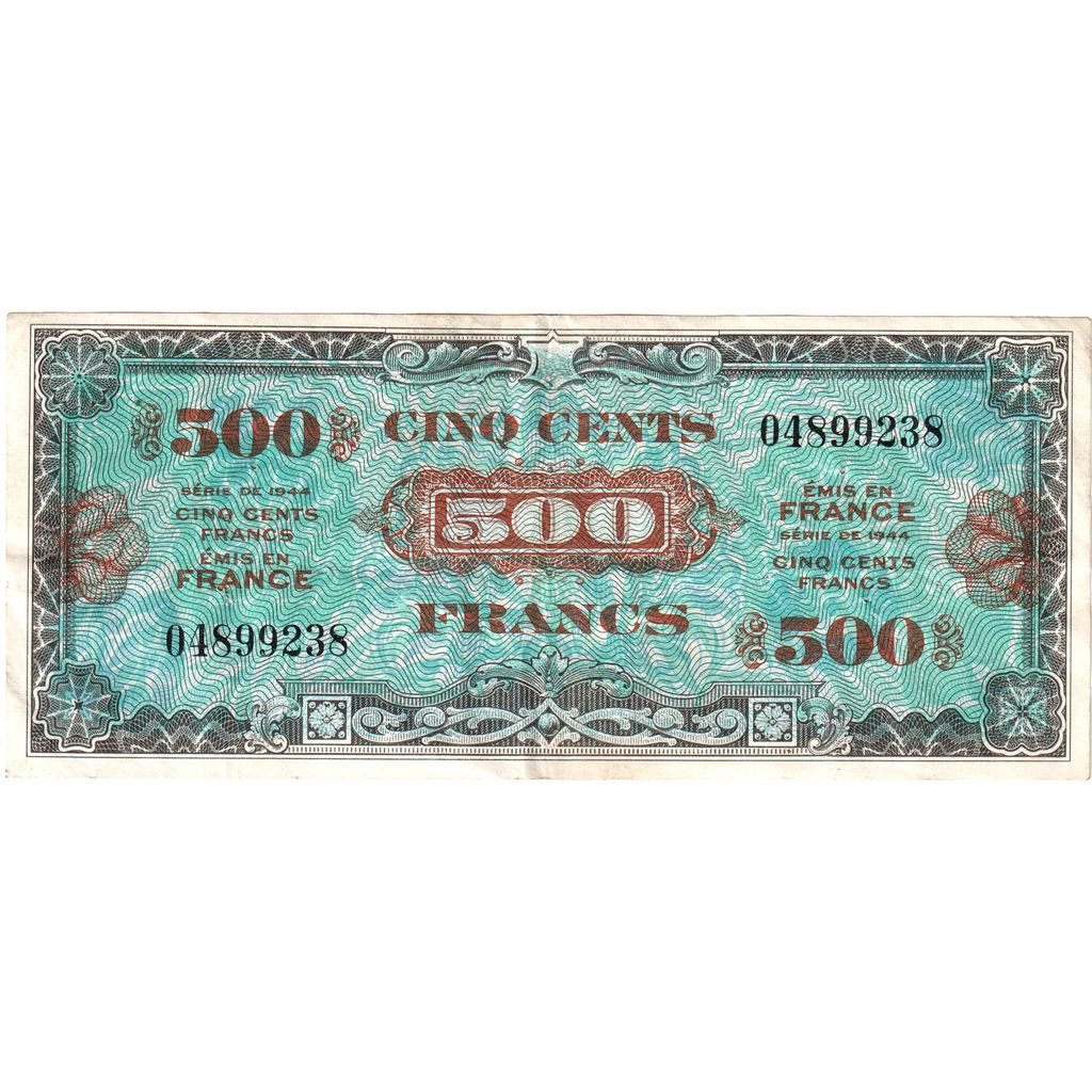 França, 500 Francs, Flag/France, 1944, Without serial number, VF(30-35)