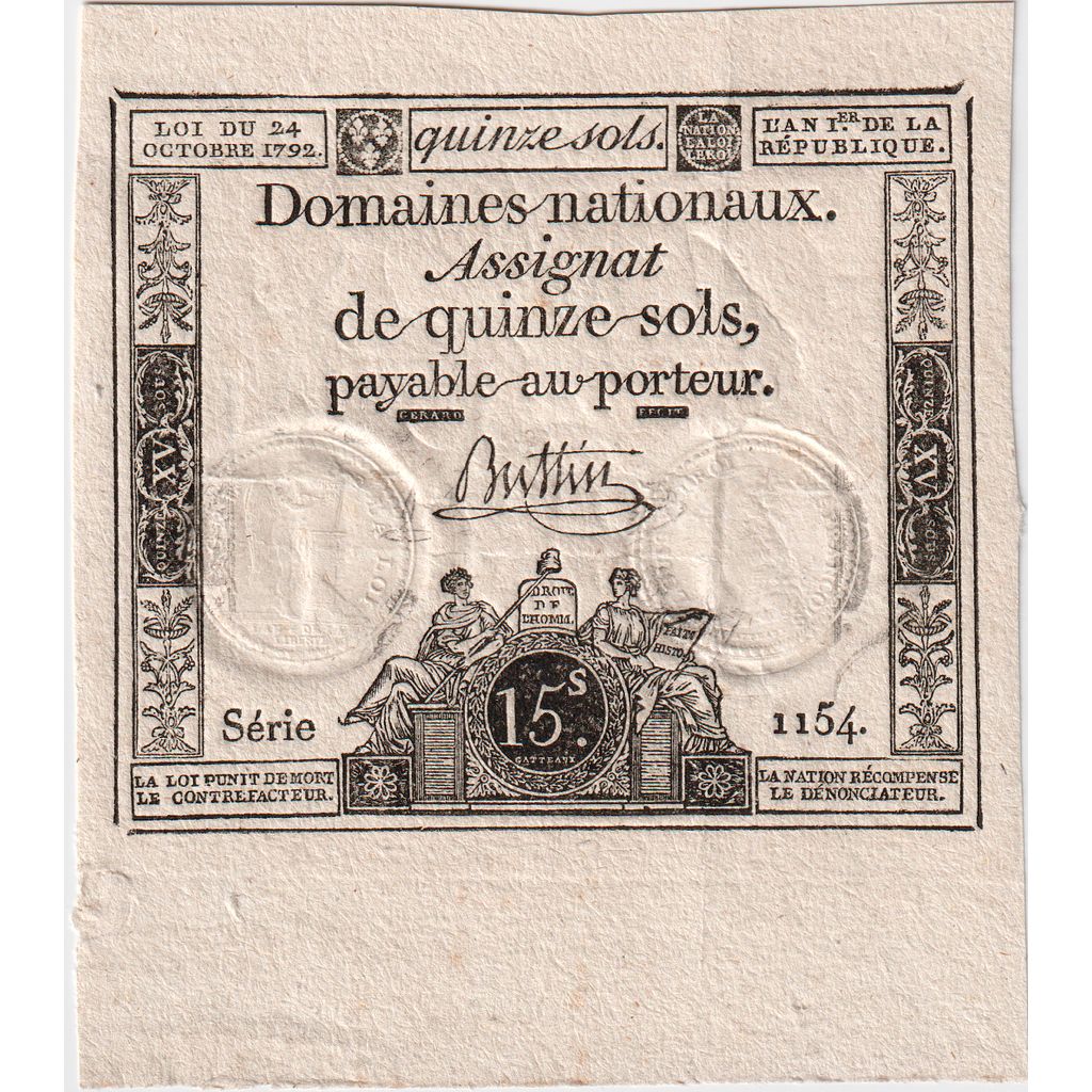 France, 15 Sols, 1792-10-24, Serie 1154, AU(50-53)