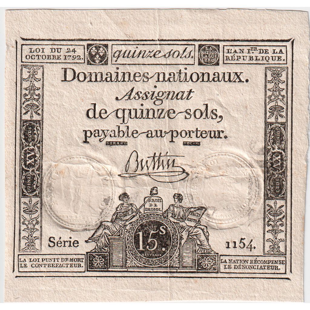 France, 15 Sols, 1792-10-24, Serie 1154, AU(50-53)