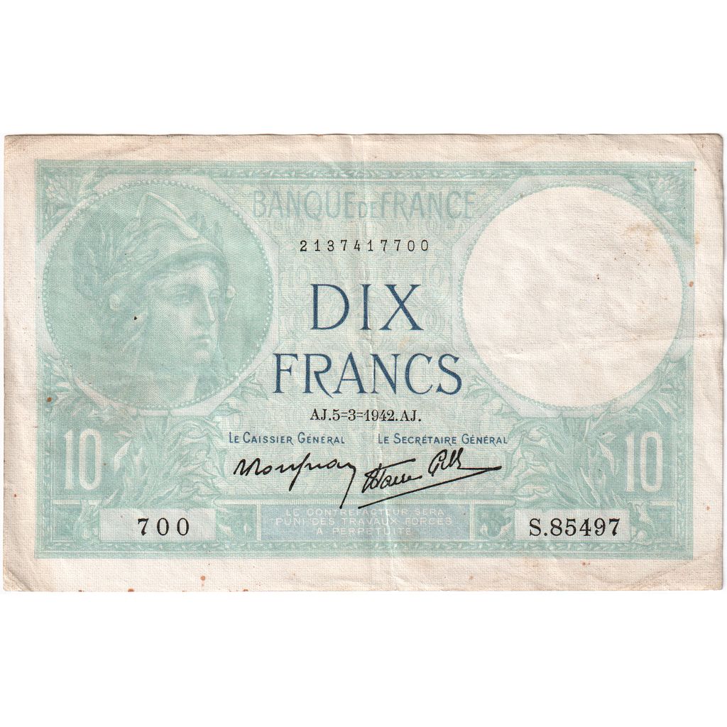 France, 10 Francs, Minerve, 1942-03-05, S.85497, EF(40-45)