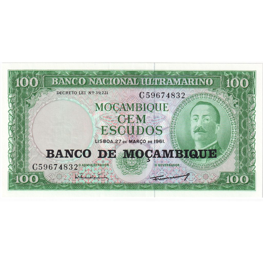 Moçambique, 100 Escudos, 1976 - (old date 27.3.1961), Overprinted, UNC(64)