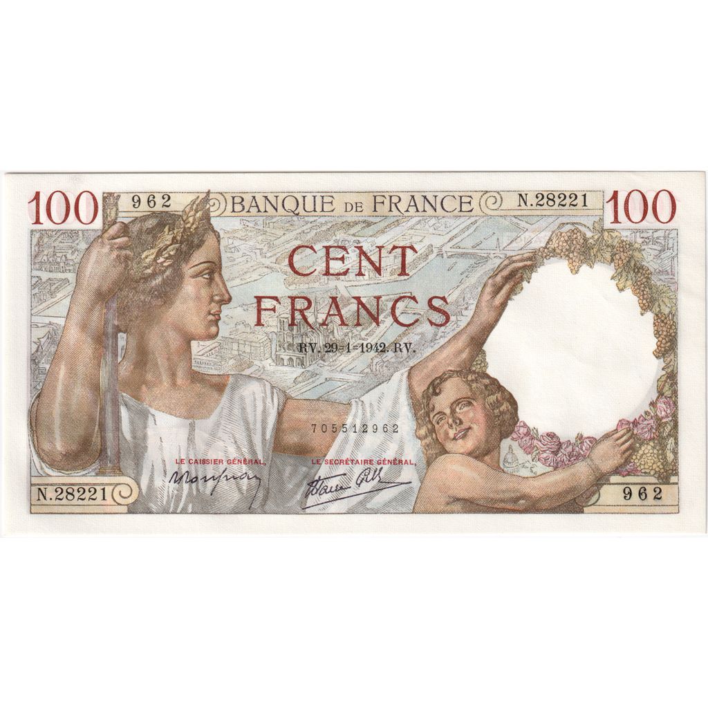 France, 100 Francs, Sully, 1942-01-29, N.28221, Consecutive Numbers, UNC(63)