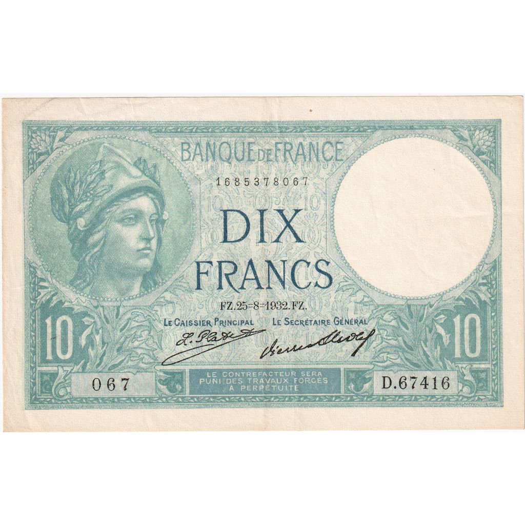France, 10 Francs, Minerve, 1932-08-25, D.67416, AU(55-58)